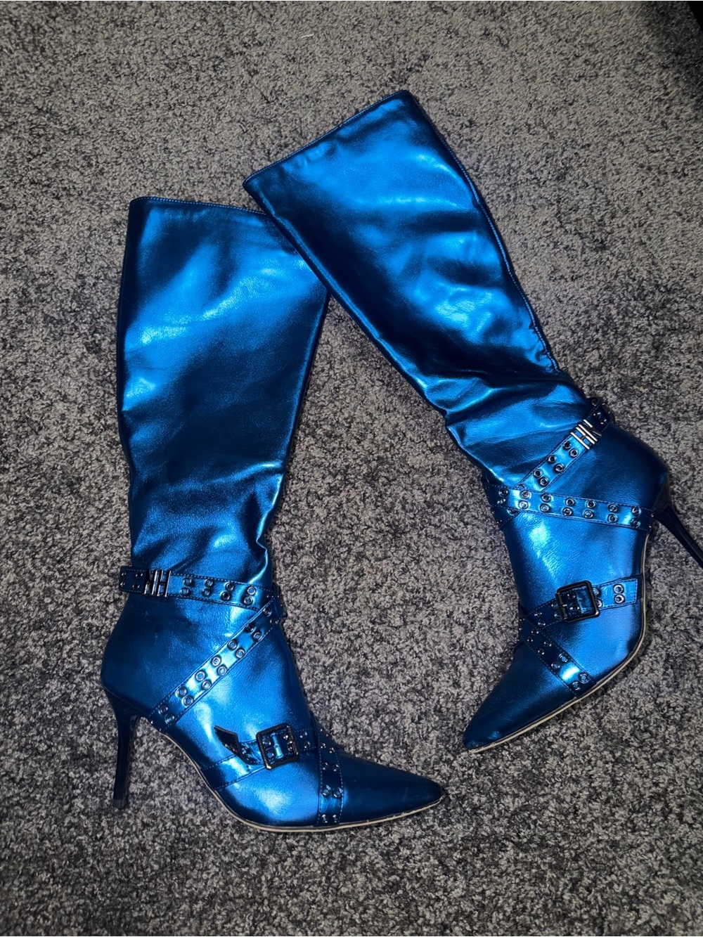 Niihai Metallic Blue Studded Knee-High Stiletto Boots